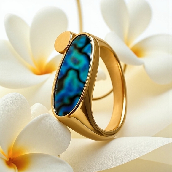 Boho Chic Adjustable Ring Abalone Shell 18K Gold Plated S925 Sterling Silver - Picture 11 of 13